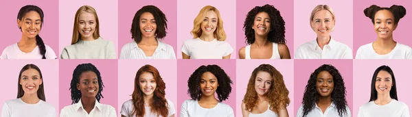 Lächelnde schöne Damen verschiedener Nationalitäten über rosa — Stockfoto