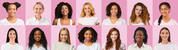 Портрети багатоетнічних жінок над рожевим, колаж — стокове фото