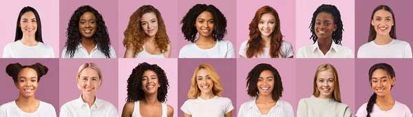 Vrolijke mooie vrouwen van verschillende nationaliteiten boven roze — Stockfoto