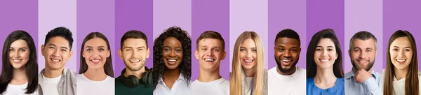 Sociedad humana internacional. Collage de personas alegres multiétnicas posando y sonriendo en fondos de estudio de color — Foto de Stock