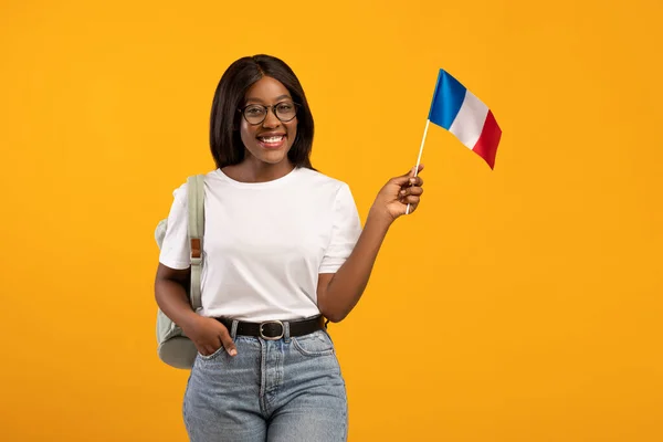 Happy black woman showing french flag on yellow — Stock Photo, Image