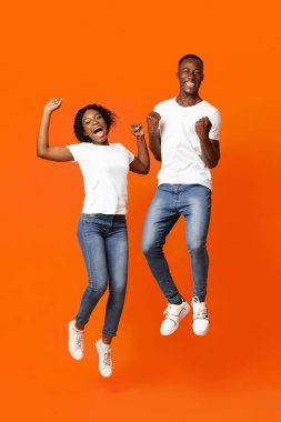Neşeli Afrikalı Amerikalı çift yumruklarını sıkıyor ve zıplıyor.