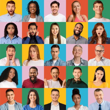 Farklı duyguları ifade eden farklı insanların kolajı