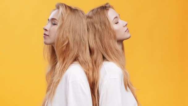 Studio shot van jonge vrolijke vrouwelijke tweeling staan rug aan rug en lachen om camera, oranje achtergrond, slow motion — Stockvideo