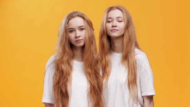 Saludos. Dos hermanas gemelas pelirroja amigables jóvenes saludando a la cámara, vinculación sobre fondo de estudio naranja — Vídeos de Stock