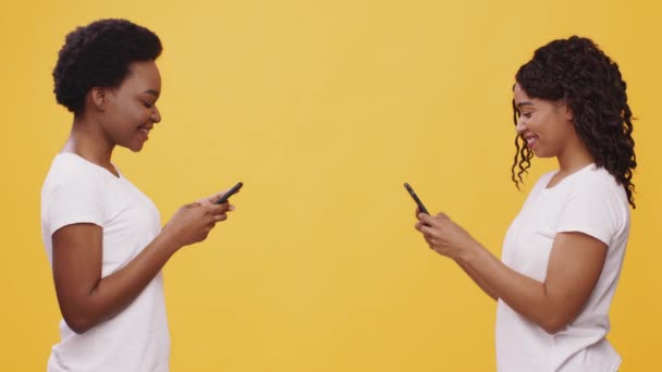스튜디오는 행복 한 2 명의 아프리카계 미국인 여성이 핸드폰으로 타이핑하고 웃으며 주황색 배경에 빈 공간을 찍었습니다. — 비디오