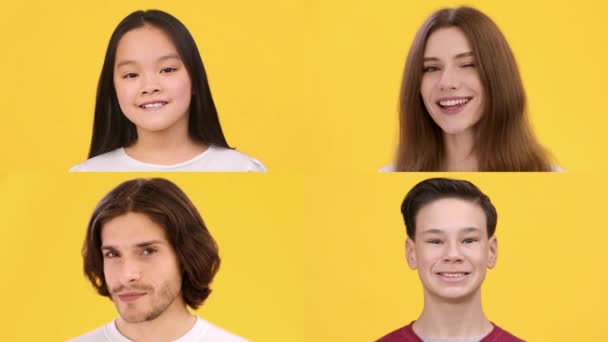 Composición creativa de emociones alegres de hombre y mujer adultos y adolescente niño y chica, fondo de estudio naranja — Vídeos de Stock