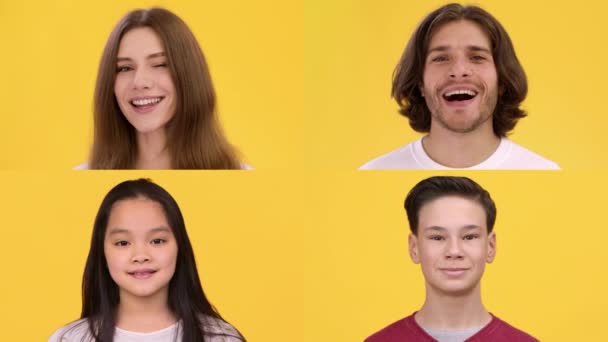 Mosaic collage of happy adult and teen people smiling at camera over orange background. Human happiness in any age — Stock Video