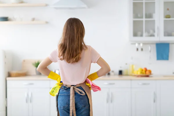 Back view of millennial housewife with detergent and rag ready to start home cleaning at kitchen, copy space