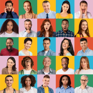 Farklı duyguları ifade eden farklı insanların kolajı, mozaik set