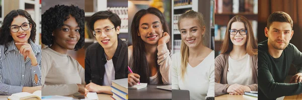 Collage de estudiantes multiculturales Retratos en bibliotecas, Panorama —  Fotos de Stock