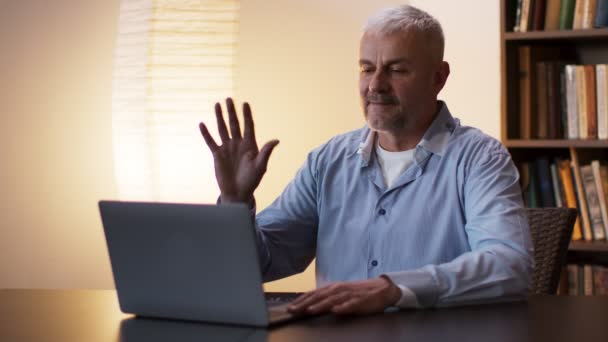 Reunión en línea. Senior hombre de pelo gris videollamadas a sus colegas a través de ordenador portátil, saludando de la mano y hablando — Vídeos de Stock