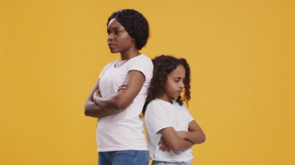 愤怒的非洲裔美国母亲和女儿背靠背地站着，双手交叉，感到心烦意乱和愤怒 — 图库视频影像