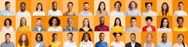 Collection Of Human Portraits With Happy Faces On Orange Backgrounds — 스톡 사진