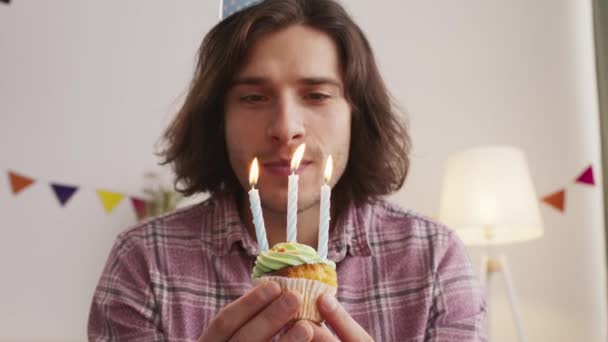 Caméra pov de jeune homme en chapeau de fête soufflant des bougies sur le gâteau de vacances, célébrant anniversaire en ligne à la maison — Video