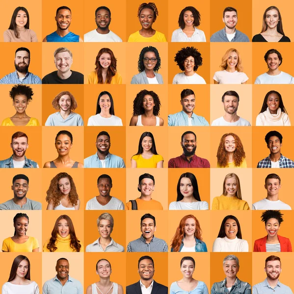 Kolekcja wielokulturowych twarzy szczęśliwych ludzi pozowanie na pomarańczowym tle — Zdjęcie stockowe