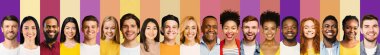 Collection Of Successful People Portraits, Row Of Faces, Colorful Backgrounds