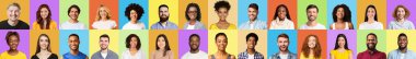 Collage Mosaic Of Faces Of Multicultural People Over Bright Backgrounds