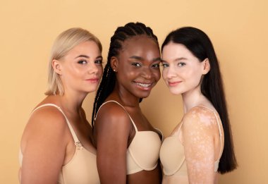 Farklı bir güzellik. Bej arkaplan üzerinde iç çamaşırlı üç kadın pozu