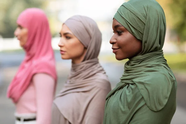 Three Diverse Muslim Women Posing Standing In Line Outdoor