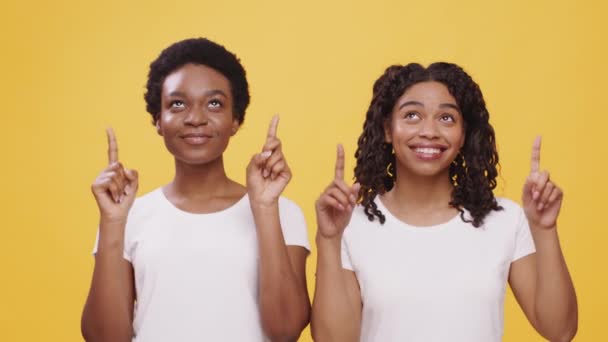 Geweldige promo. Twee positieve Afro-Amerikaanse dames wijzen met hun vingers omhoog en glimlachen, naar boven wijzend, oranje achtergrond — Stockvideo