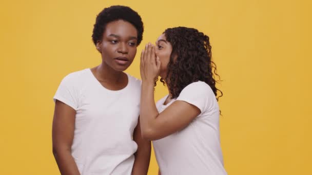 Klatsch und Tattoos. Junge afrikanisch-amerikanische Dame flüstert ihrem schwarzen Freund Geheimnis ins Ohr und steht zusammen — Stockvideo