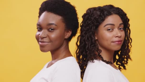 Beleza afro-americana. Retrato de duas mulheres negras felizes sorrindo para a câmera, posando de costas para trás, fundo laranja — Vídeo de Stock