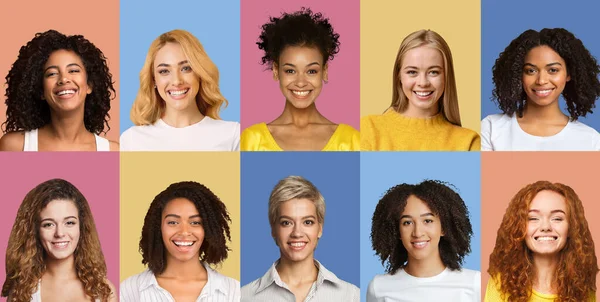 Collage conjunto de feliz diversas mujeres multiculturales — Foto de Stock