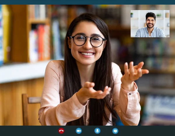 Remote distant communication concept. Happy woman having video call or online lesson, talking with arab man — Stock Photo, Image
