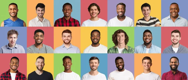 Mosolygó, sokszínű multikulturális férfiak összetett együttese — Stock Fotó
