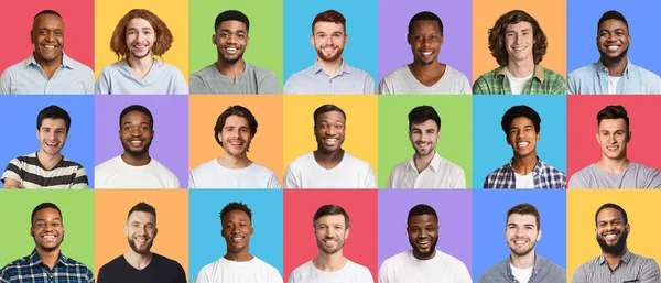 Mosolygó, sokszínű multikulturális felnőtt férfiak összetett együttese — Stock Fotó