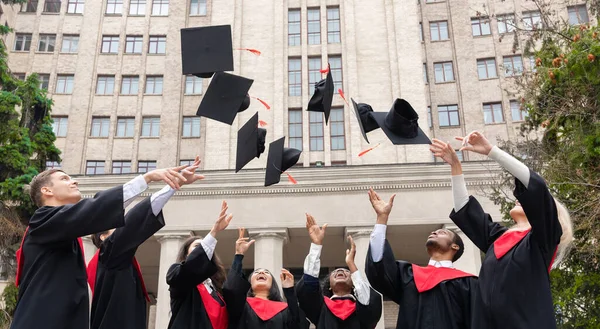 Uluslararası öğrenci grubu mezuniyet şapkaları fırlatıyor, panorama — Stok fotoğraf