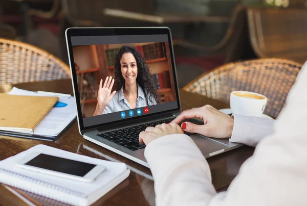 Online Education. Unrecognizable woman having lesson with female tutor via video call — Stock Photo, Image