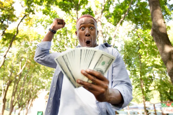 Büyük kazanç konsepti. Heyecanlı Afrikalı Amerikalı adam parkta Amerikan parasının hayranını tutuyor. — Stok fotoğraf