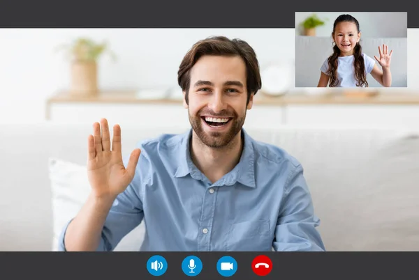 Video Call Interface Of Young Man Talking With His Little Daughter — Stock Photo, Image