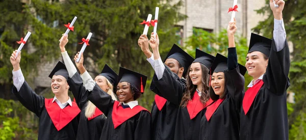 Glada multiraciala studenter i examensdräkter höja diplom upp, panorama — Stockfoto