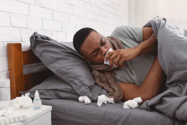 Sick African Man Coughing Suffering From Coronavirus Lying In Bed — Stock Photo, Image