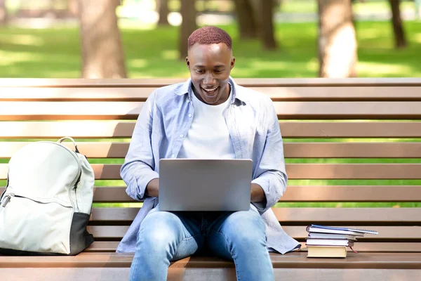 Estudante negro animado olhando para a tela do laptop, não pode acreditar em seu sucesso no parque — Fotografia de Stock