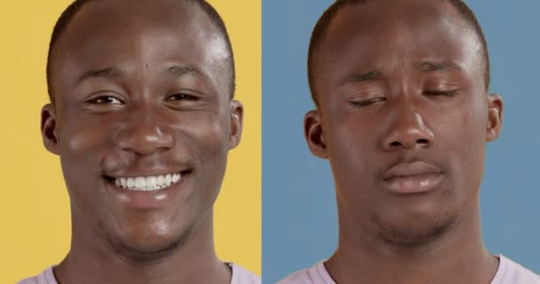Collage av afrikanska amerikanska mansporträtt visar glada och olyckliga ansiktsuttryck, närbild, slow motion — Stockvideo