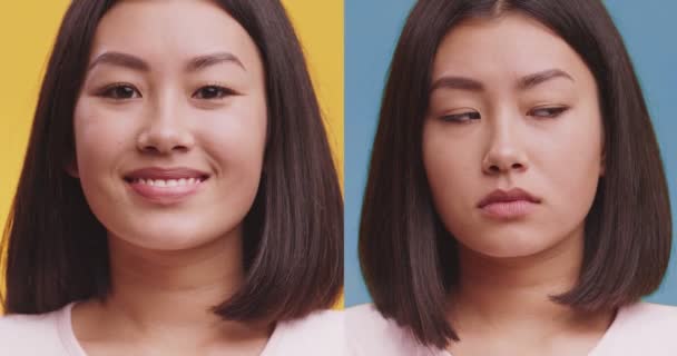 Крупним планом портрет молодої азіатки, що виражає щастя і депресію, емоції колаж, повільний рух — стокове відео