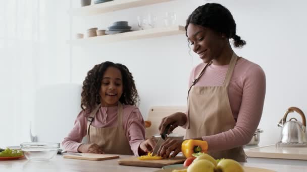 आफ्रिकन अमेरिकन आई आणि मुलगी जेवण शिजवतात, मुलगी मिरचीचा स्लाइस घेतात आणि ते खातात, स्वयंपाकघरात नृत्य करतात — स्टॉक व्हिडिओ