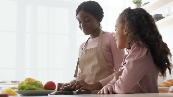 Positiv afrikansk amerikansk mamma skära grönsaker för sallad, skivning gurka och mata liten dotter i köket — Stockvideo