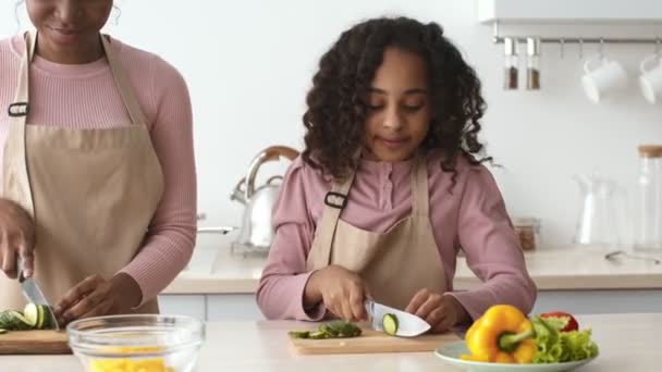 Little african american girl cutting vegetables with mother, slicing cucumber and feeding her mom at kitchen — Stock Video