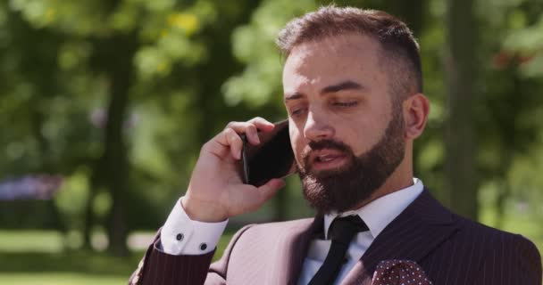 Negoziati commerciali. Uomo d'affari maturo e sicuro di sé in giacca e cravatta che parla al cellulare con i partner, riposandosi a Spring Park — Video Stock