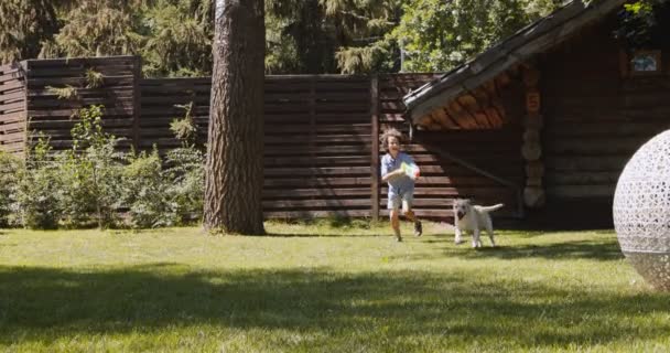 Fröhlicher Sommerspaß. Fröhlicher Teenager läuft mit Wasserpistole seinem Hund hinterher und lacht über grünen Park — Stockvideo