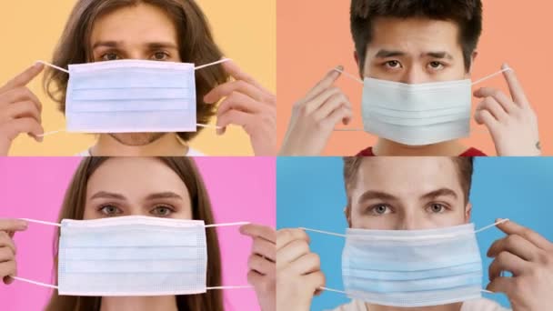 Malade personnes portant des masques visage sur des milieux colorés, Collage — Video