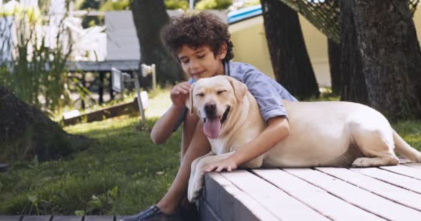 可爱的小男孩在户外休息。拥抱和爱抚他可爱的拉布拉多犬，慢动作 — 图库视频影像