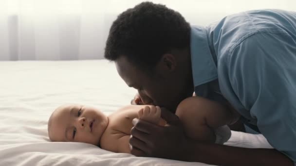 Adorable black baby lying on bed and enjoying father care, african american dad kissing and blowing at kid belly — Αρχείο Βίντεο