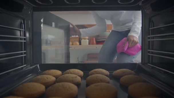 Cheerful african american housewife preparing fresh cupcakes, opening oven and taking out tray, view from inside — Stockvideo