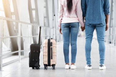 Hava Taşımacılığı Konsepti. Havaalanı Terminalinde Siyah Çiftin Arka Görüntüsü